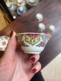 Five Chinese famille rose cups and six saucers with floral decor, Yongzheng/Qianlong
