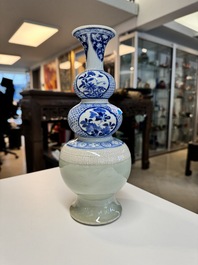 A rare Chinese blue and white, celadon-and-ge-glazed triple gourd vase, Kangxi