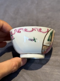 Three Chinese export famille rose 'European subject' cups and two saucers, Qianlong
