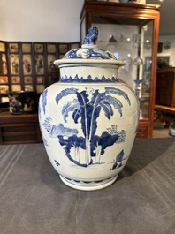 A Chinese blue and white 'Jia Guan Jin Jue 加官晉爵' vase and cover, Transitional period