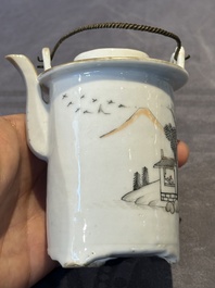 A hexagonal Chinese grisaille covered wine jug and warmer, signed Xinan Xushan 新安旭山, Guangxu mark, 19th C.