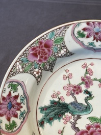 Six Chinese famille rose 'peacock and flowers' plates, Yongzheng