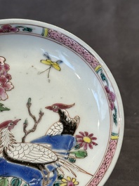 Two pairs of Chinese famille rose cups and saucers with pheasants and roosters, Yongzheng/Qianlong