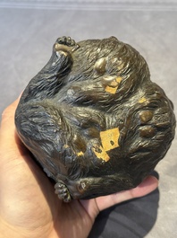 A Japanese bronze okimono with three monkeys, Yoshinobu seal mark, Meiji period