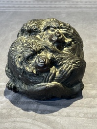 A Japanese bronze okimono with three monkeys, Yoshinobu seal mark, Meiji period