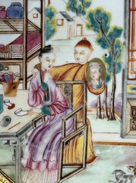 Two Chinese Canton famille rose 'mandarin subject' plates and a saucer, Qianlong