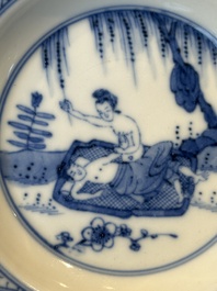 A Chinese blue and white 'erotic' cup and saucer, Kangxi