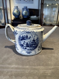 A Chinese blue and white teapot depicting the Whampoa Pagoda and the Pearl River, Qianlong