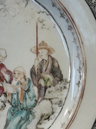 A Chinese rose-grisaille plate with Luohan, a dragon and a tiger, Yongzheng/Qianlong