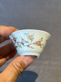 Five Chinese famille rose cups and saucers with horses, birds and flowers, Yongzheng/Qianlong