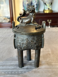 A fine Chinese bronze censer and cover with a Buddhist lion, 'ding 鼎', Xuande Mark, Ming