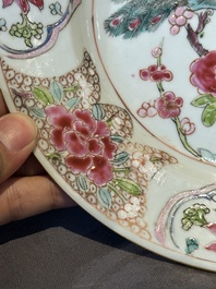 Six Chinese famille rose 'peacock and flowers' plates, Yongzheng