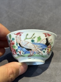 Two pairs of Chinese famille rose cups and saucers with pheasants and roosters, Yongzheng/Qianlong