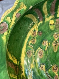 A Chinese sancai-glazed flower-shaped 'crane' plate, Ming