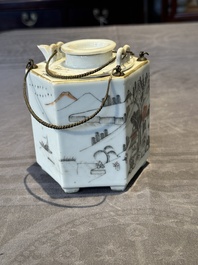 A hexagonal Chinese grisaille covered wine jug and warmer, signed Xinan Xushan 新安旭山, Guangxu mark, 19th C.