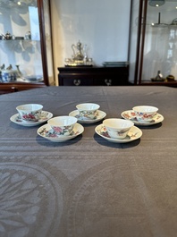 Five Chinese famille rose cups and saucers with horses, birds and flowers, Yongzheng/Qianlong