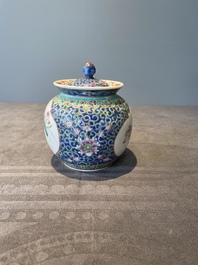 A Chinese blue, white and famille rose tea service, three famille rose bowls, a plate and a covered jar, 19th C.