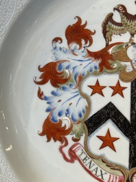 A Chinese famille rose armorial dish with incised rim for the English market with the arms of Willes Impaling Broster, Qianlong