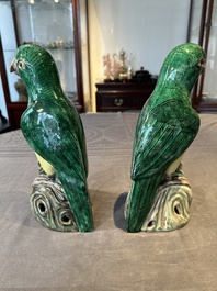 A pair of Chinese verte biscuit parrots, 19th C.