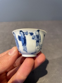 Four Chinese blue and white 'Eight Immortals' cups and saucers and five saucers, Chenghua and Lu mark, Kangxi