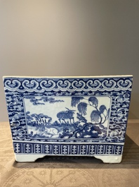 A square Chinese blue and white 'three rams' jardiniere, 19th C.