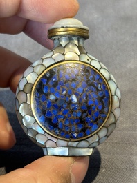 Two Chinese lacquered and mother-of-pearl-inlaid snuff bottles and a carved mother-of-pearl shell snuff bottle, Qianlong mark, 18/19th C