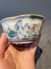 A Chinese blue, white and famille rose tea service, three famille rose bowls, a plate and a covered jar, 19th C.
