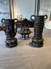 Two Chinese Chinese bronze cylindrical incense stick holders and a covered censer, Yuan/Ming and Qing