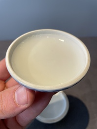 A Chinese blue and white brush washer and two seal paste boxes and covers, Qianlong mark, 19th C.