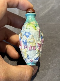 Six Chinese famille rose moulded snuff bottles, Qianlong mark, 19/20th C.