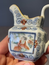 A Chinese blue, white and famille rose tea service, three famille rose bowls, a plate and a covered jar, 19th C.