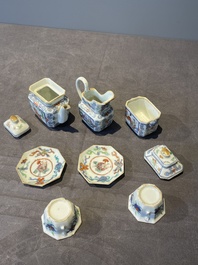 A Chinese blue, white and famille rose tea service, three famille rose bowls, a plate and a covered jar, 19th C.