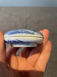 A Chinese blue and white brush washer and two seal paste boxes and covers, Qianlong mark, 19th C.