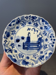Four Chinese blue and white 'Eight Immortals' cups and saucers and five saucers, Chenghua and Lu mark, Kangxi