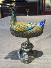 A rare Chinese turquoise and red coral inlaid silver enamelled duck-shaped censer and cover, 19/20th C.