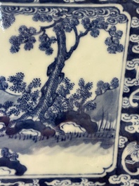A square Chinese blue and white 'three rams' jardiniere, 19th C.