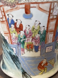 A pair of Chinese famille rose 'hundred boys' vases and covers on wooden stands, 19th C.