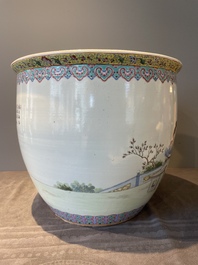A Chinese famille rose jardiniere with ladies in a garden, 20th C.