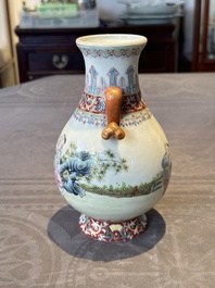 A Chinese famille rose 'hu' vase with playing boys, Qianlong mark, 20th C.