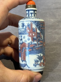 A Chinese blue, white and copper-red snuff bottle, Kangxi mark, 19th C.