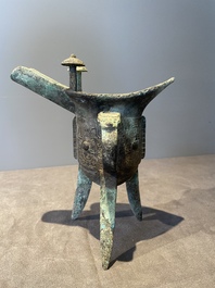 Three Chinese archaic bronze wine vessels, Zhou or later