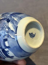 A Chinese blue and white silver mounted tea caddy with a river landscape, Kangxi