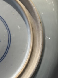 A Chinese famille verte 'leaping carps' dish, artemisia leaf mark, Kangxi