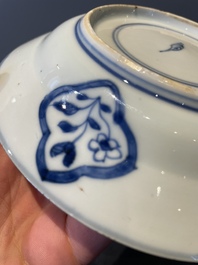 Three Chinese blue and white dishes and two plates, Kangxi