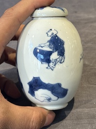 A Chinese blue and white tea caddy and cover with a lady and playing boys, Kangxi