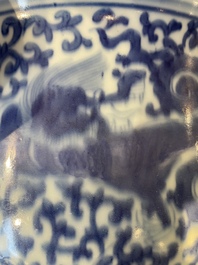 A large Chinese blue and white censer with chilong and floral design, Kangxi