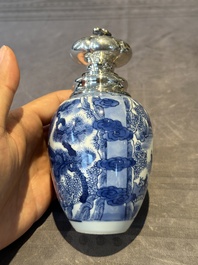 A Chinese blue and white silver mounted tea caddy with a river landscape, Kangxi