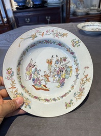 Four Chinese famille rose 'ladies playing music with children' plates, Qianlong