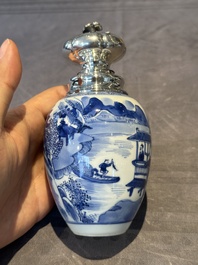 A Chinese blue and white silver mounted tea caddy with a river landscape, Kangxi