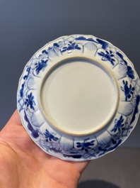 Four Chinese blue and white 'Eight Immortals' cups and saucers and five saucers, Chenghua and Lu mark, Kangxi